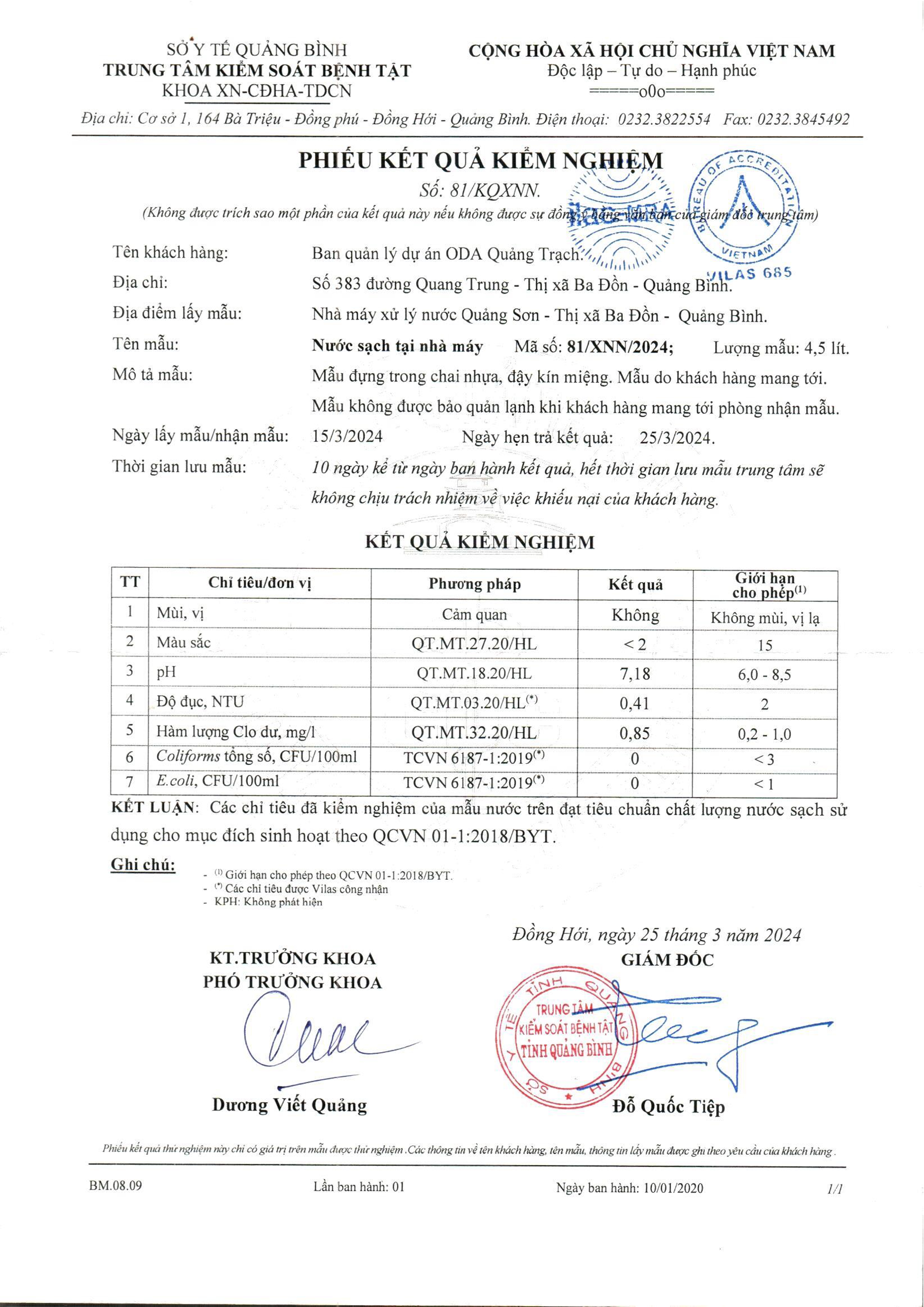 Kết quả kiểm nghiệm mẫu nước sinh hoạt tháng 3 - 2024